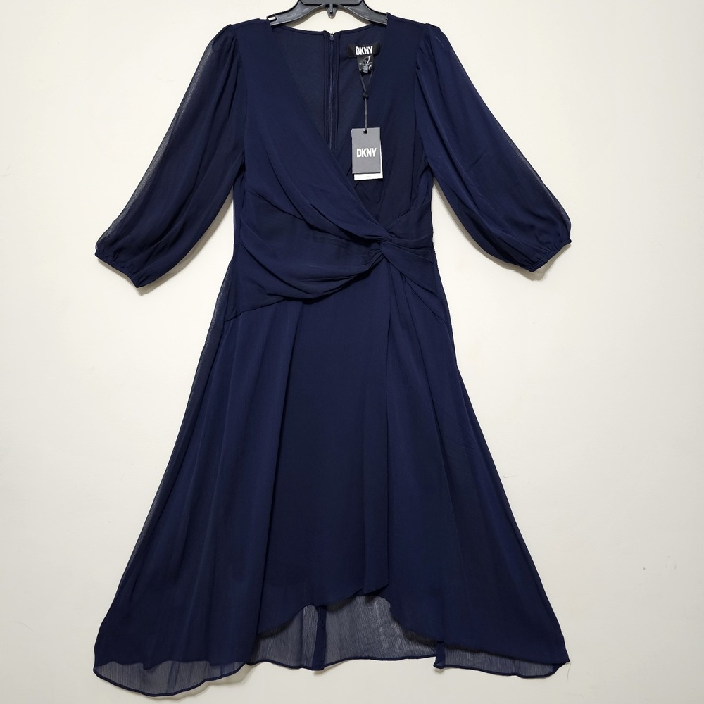 DKNY Women Dress Size 8 Fits Medium New Faux Wrap V-Neck Long Sleeves Navy Blue